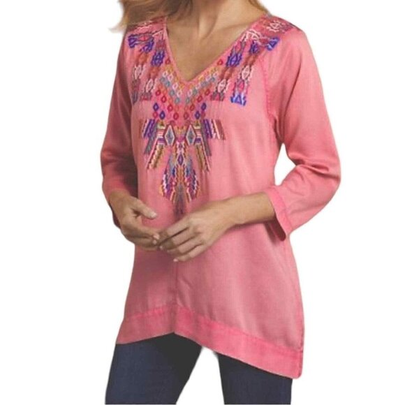 Soft Surroundings PS Mixteca 3/4 Sleeve Embroidered Tunic Pink Multicolor Boho - Picture 5 of 6